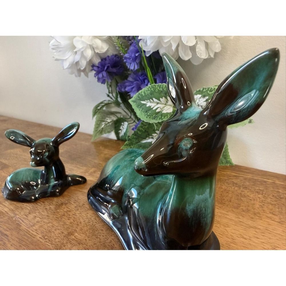 Vintage Blue Mountain Pottery Deer Mom Fawn Pair Green Drip Glaze Canada Figures - Picture 7 of 10